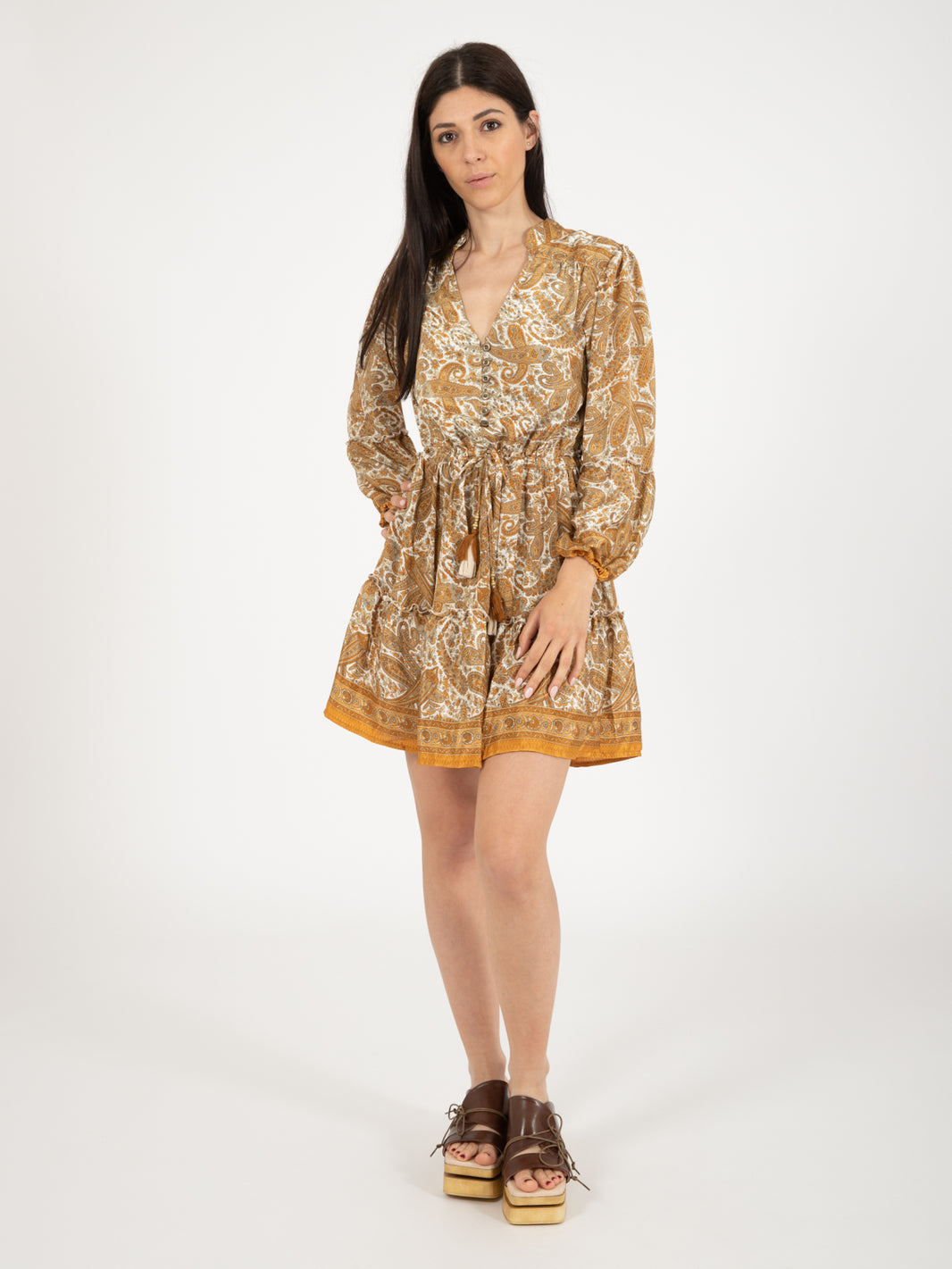 Short silk dress with gold paisley print