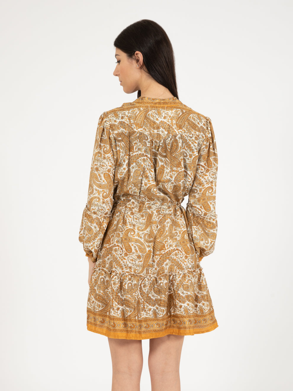 Short silk dress with gold paisley print