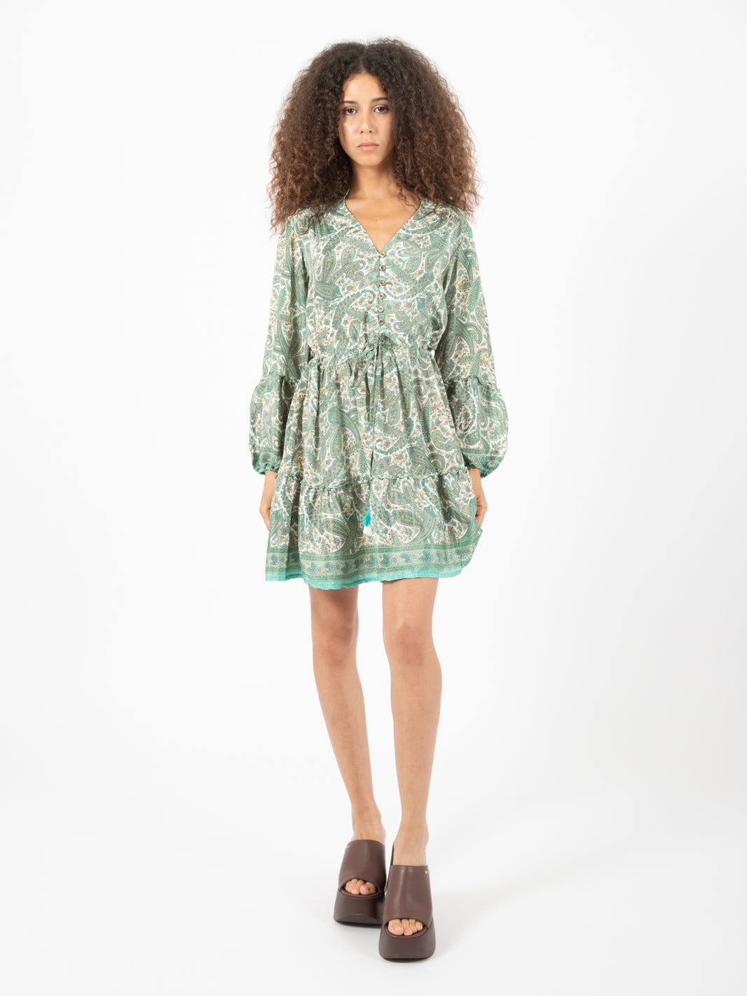 Green paisley print silk short dress