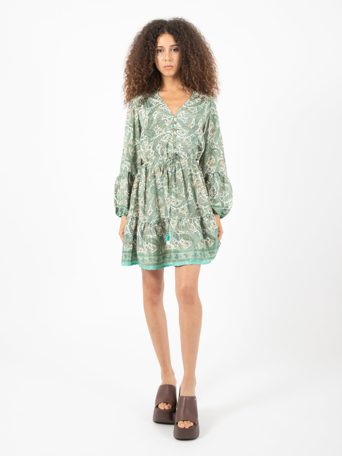 Green paisley print silk short dress