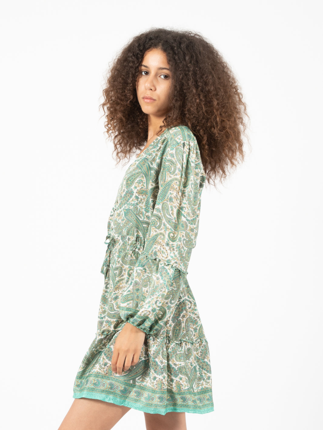 Green paisley print silk short dress
