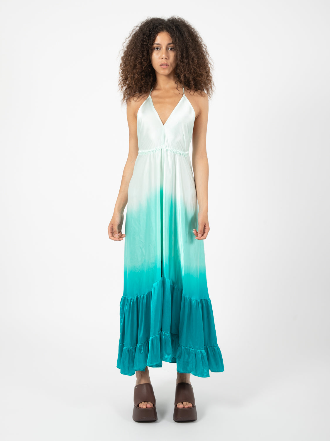 Long dress with aqua ruffles