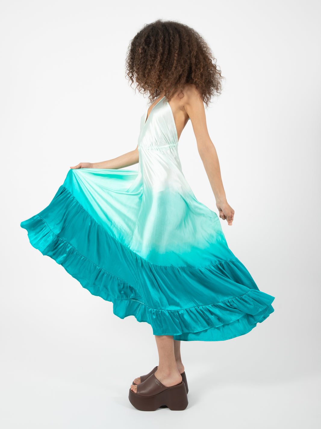 Long dress with aqua ruffles