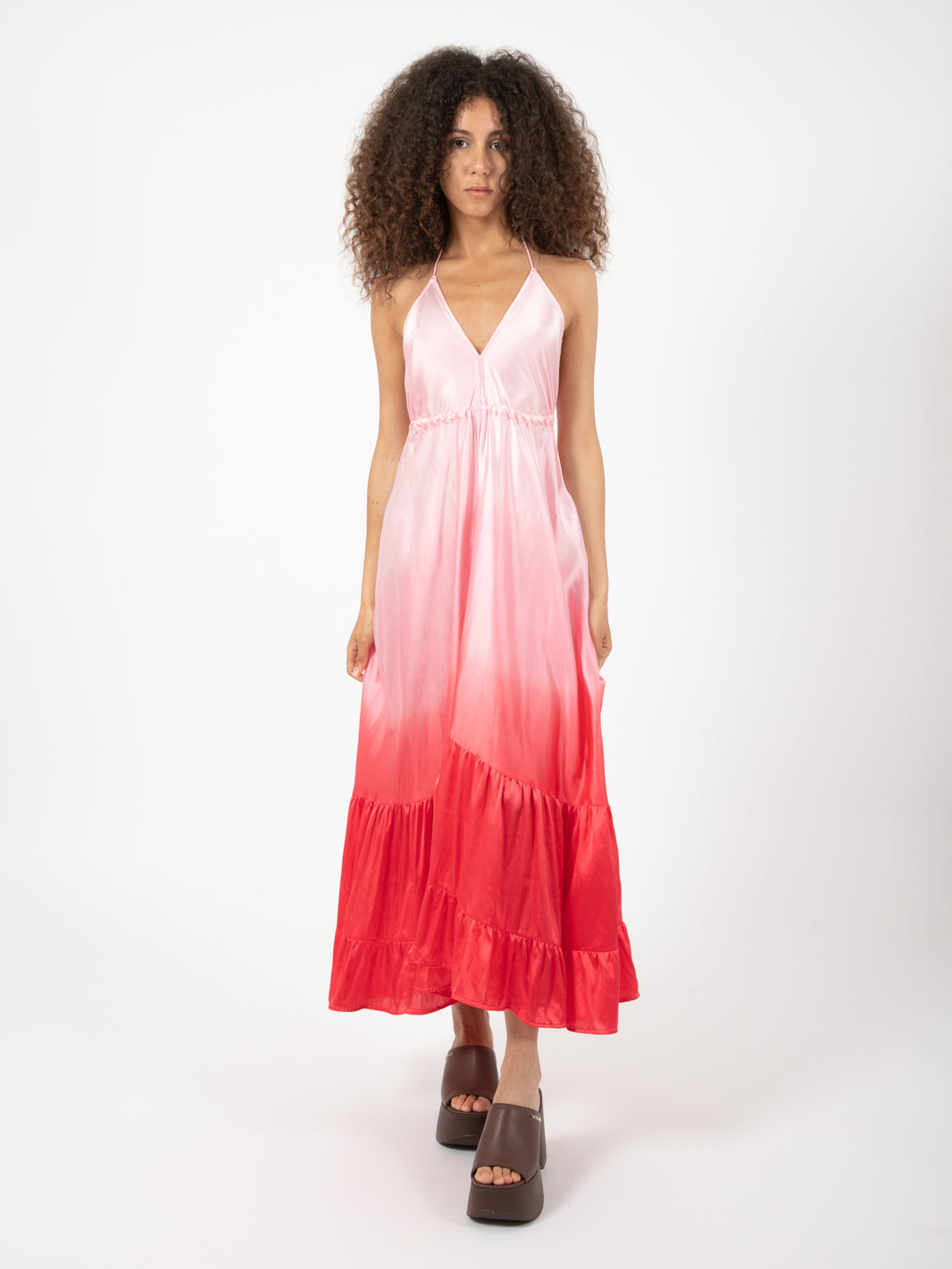 Long dress with coral ruffles