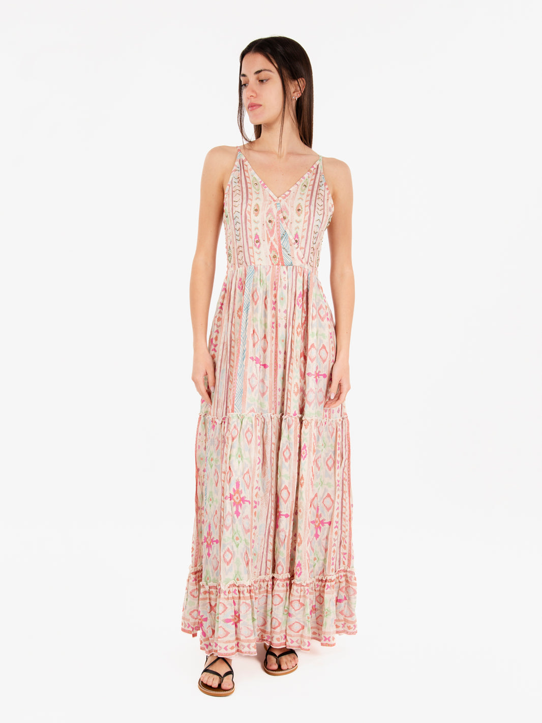 Abito lungo con balze pink