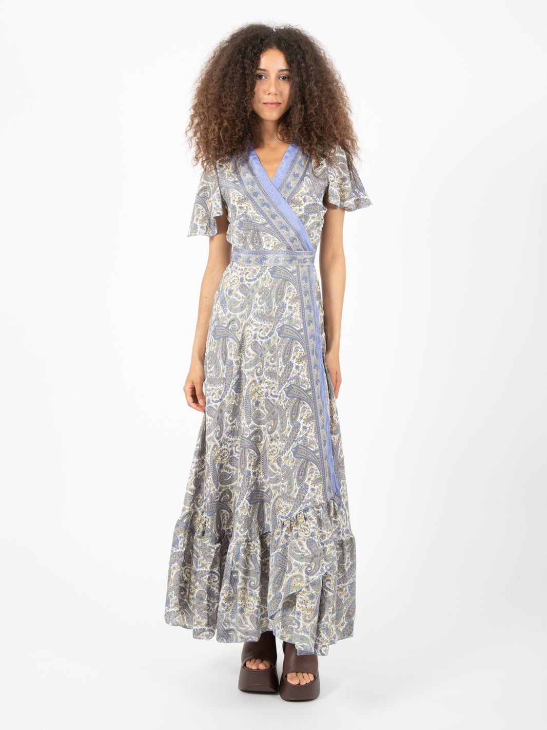 Long silk dress with blue floral pattern