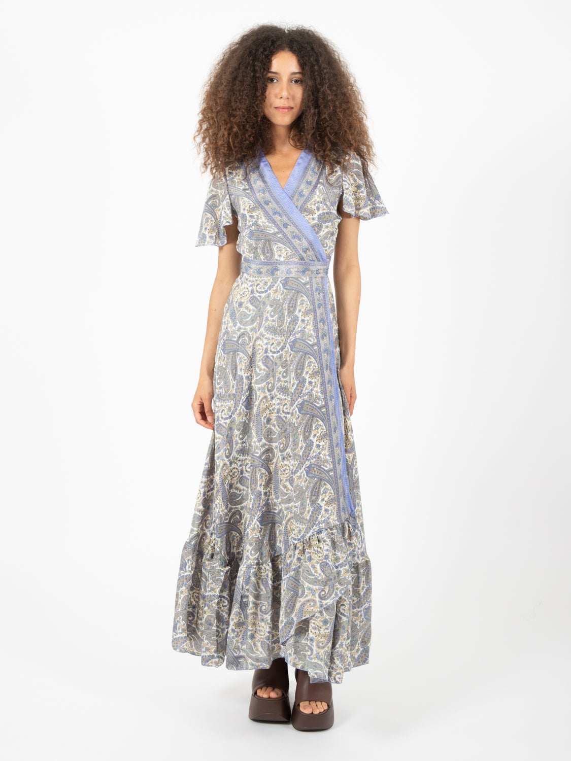 Long silk dress with blue floral pattern