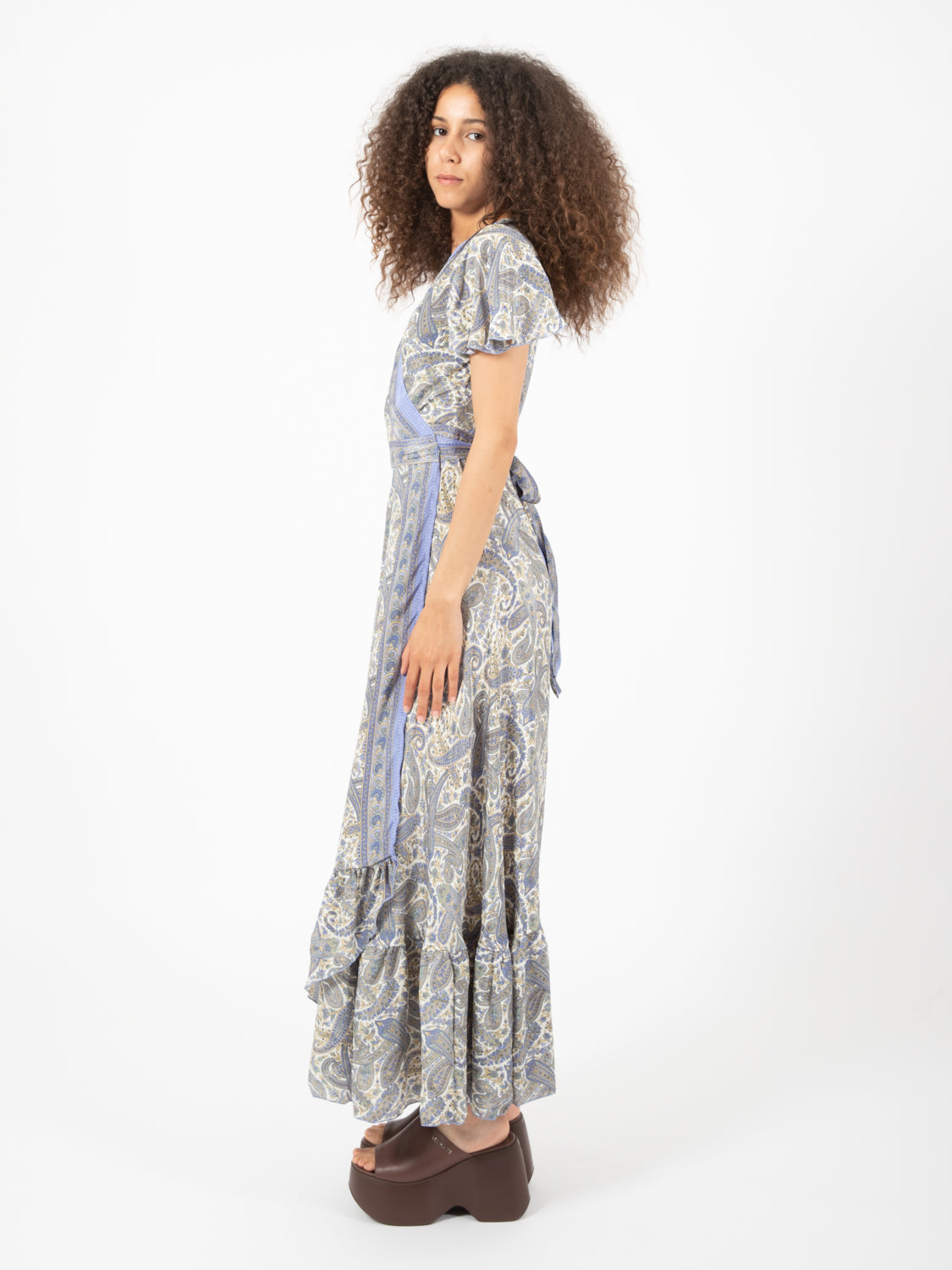 Long silk dress with blue floral pattern