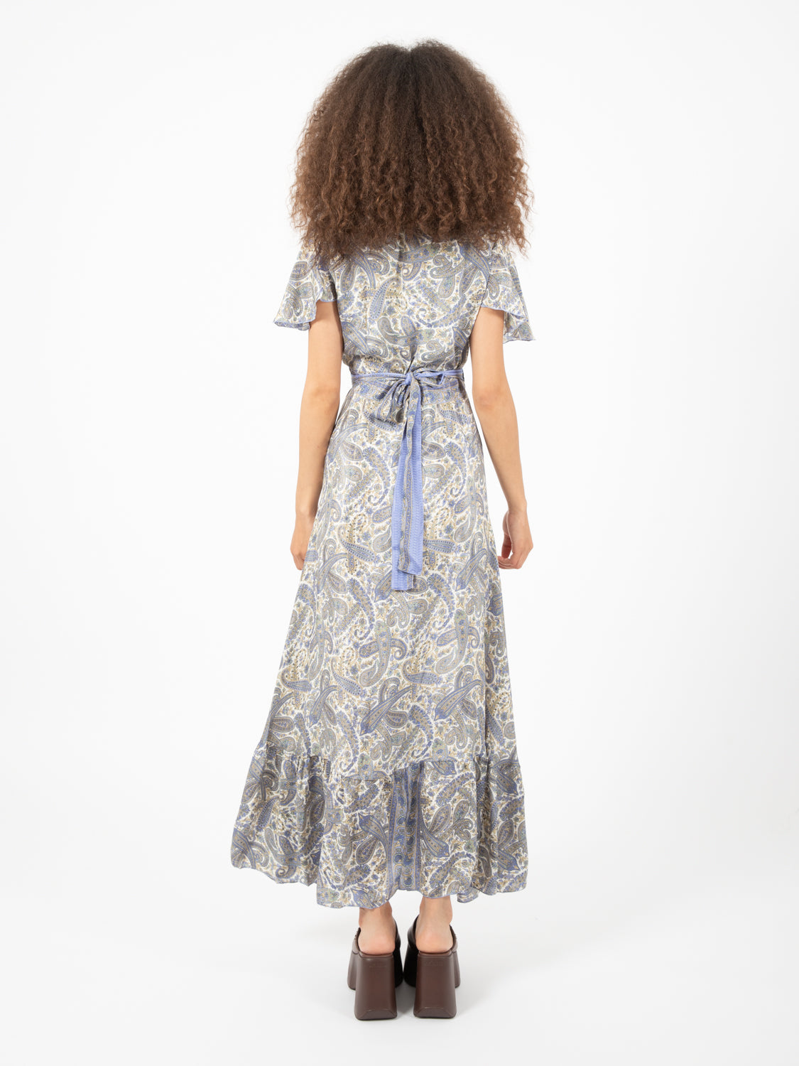 Long silk dress with blue floral pattern