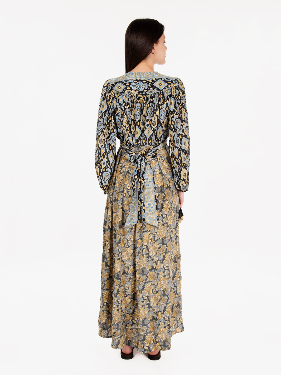 Long silk dress black / multicolor