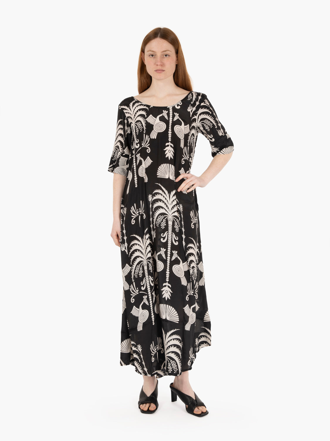 Long dress short sleeve black print