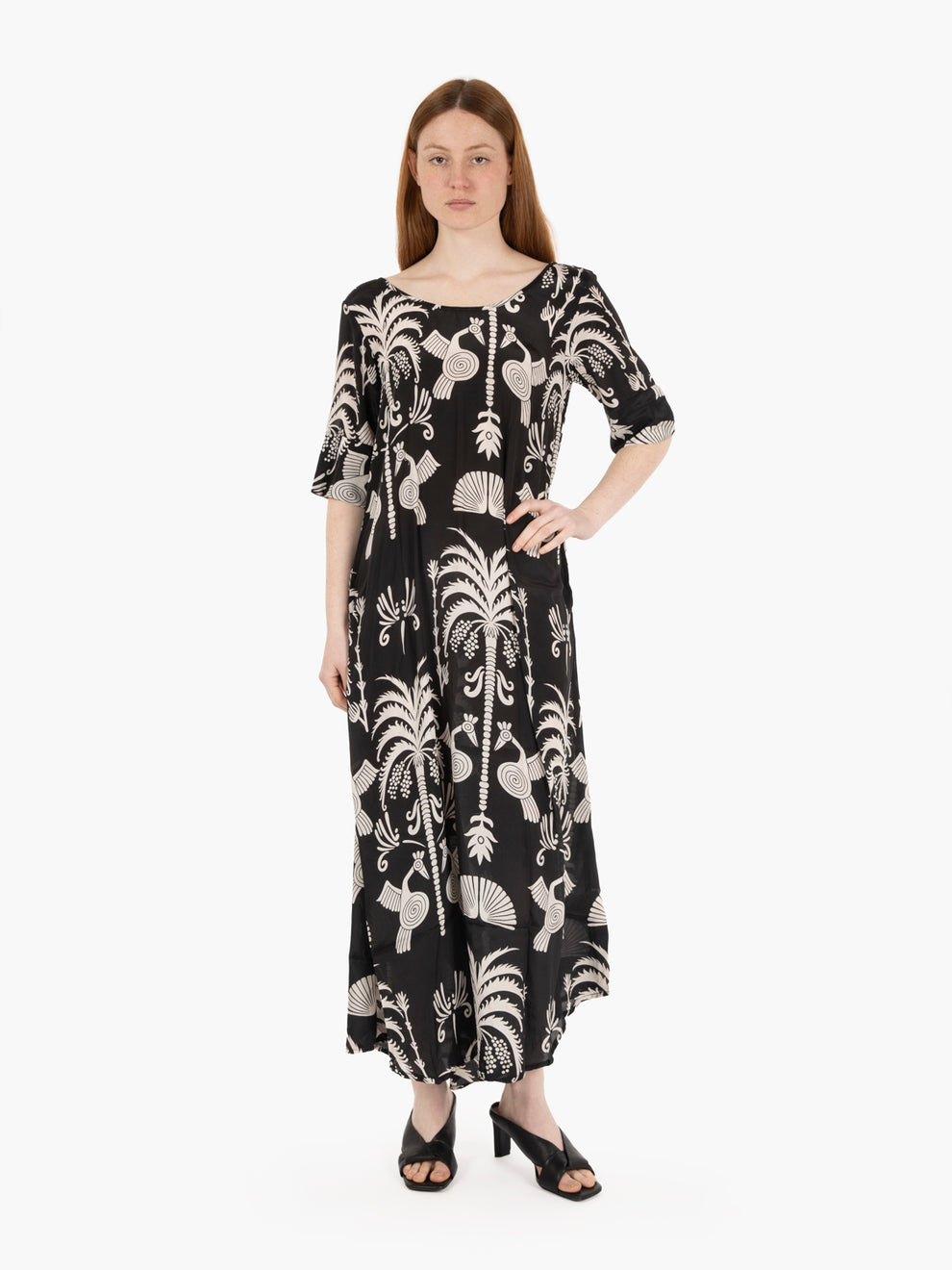 Long dress short sleeve black print