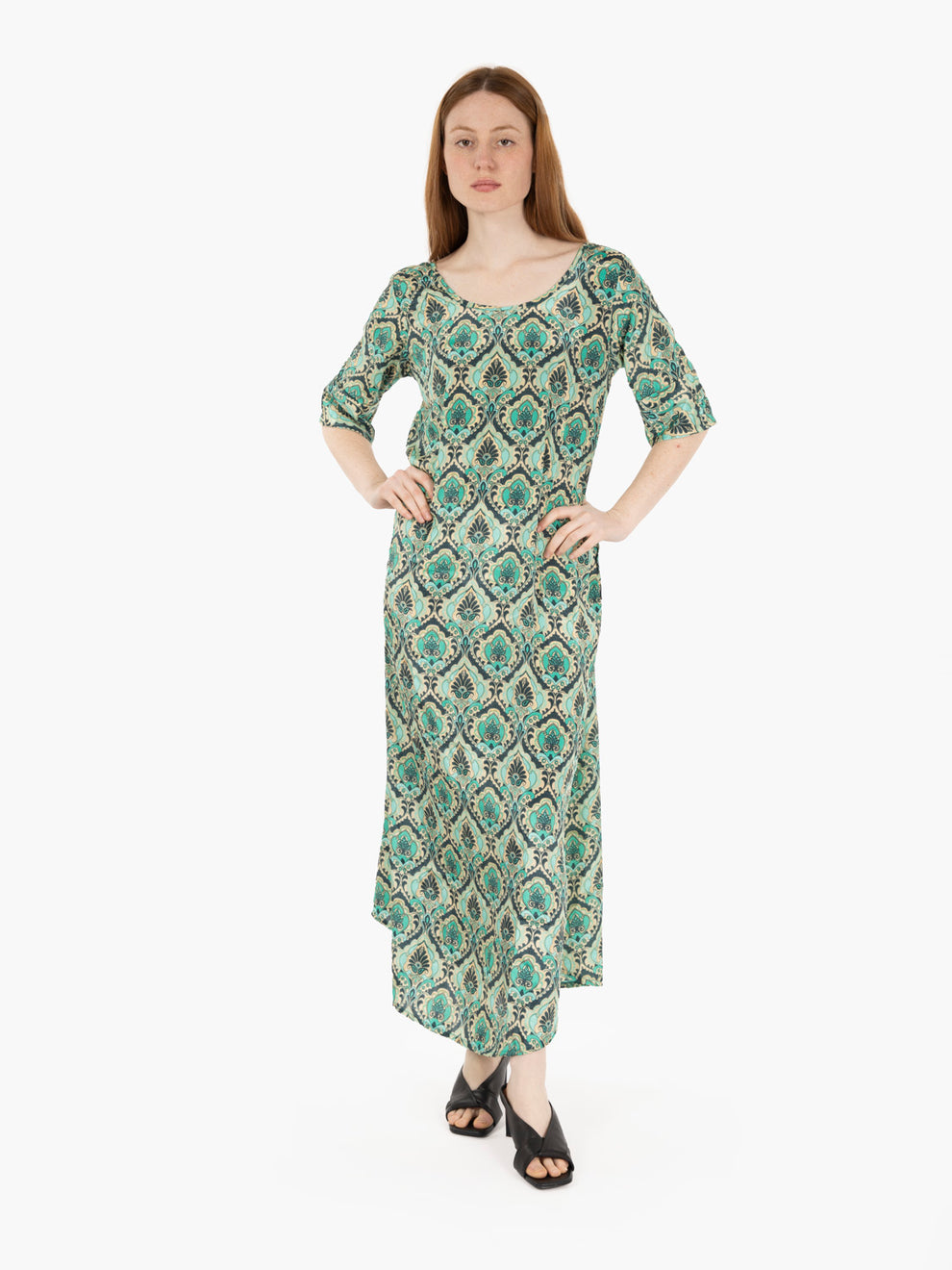 Long dress short sleeve green print