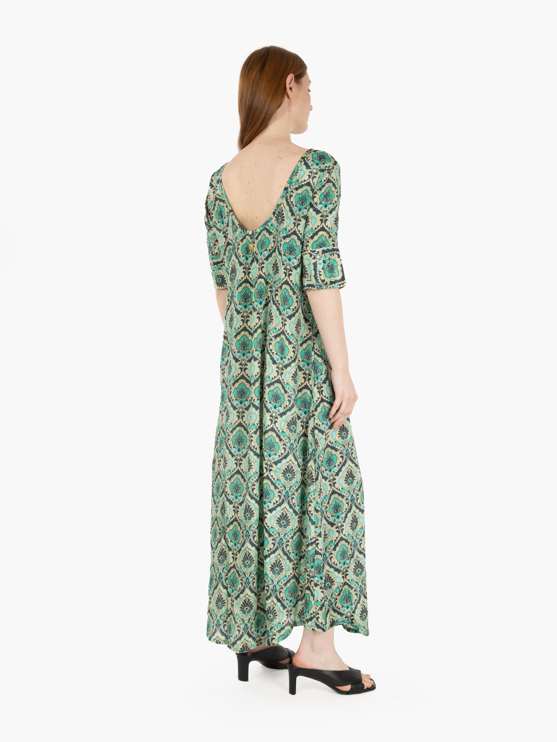 Long dress short sleeve green print