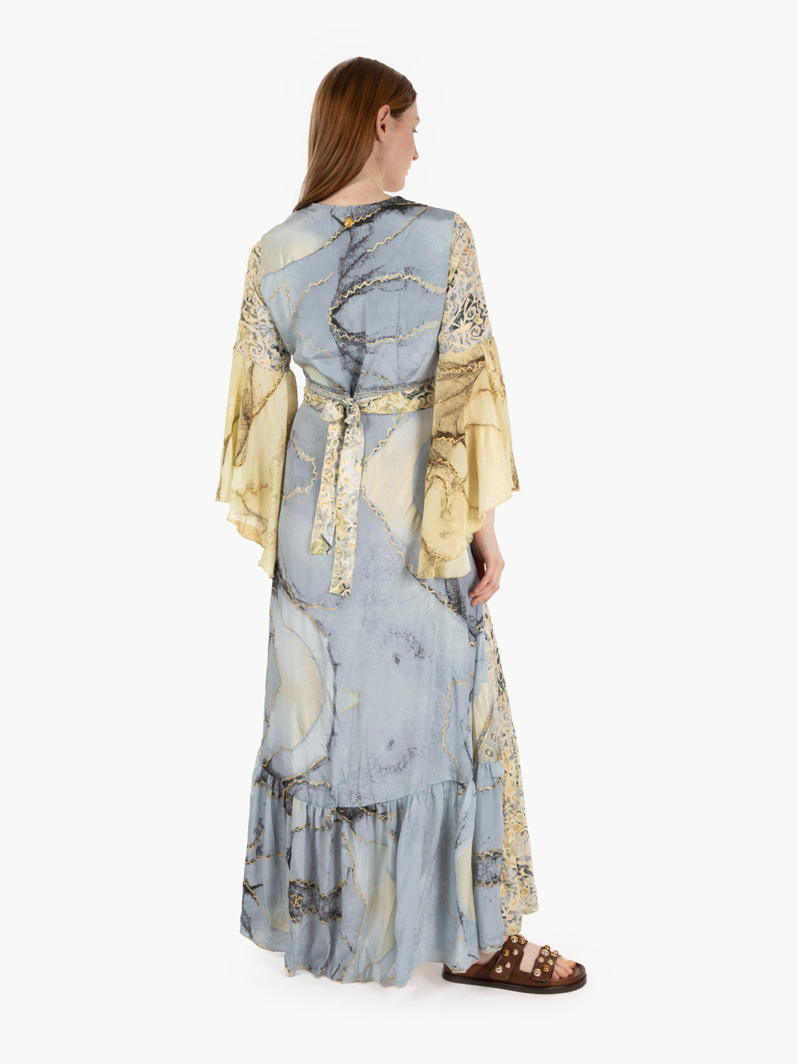 Long dress with ruffle sleeves, light blue / yellow