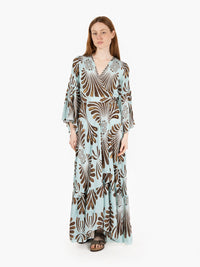 Long dress with ruffle sleeves, light blue / brown