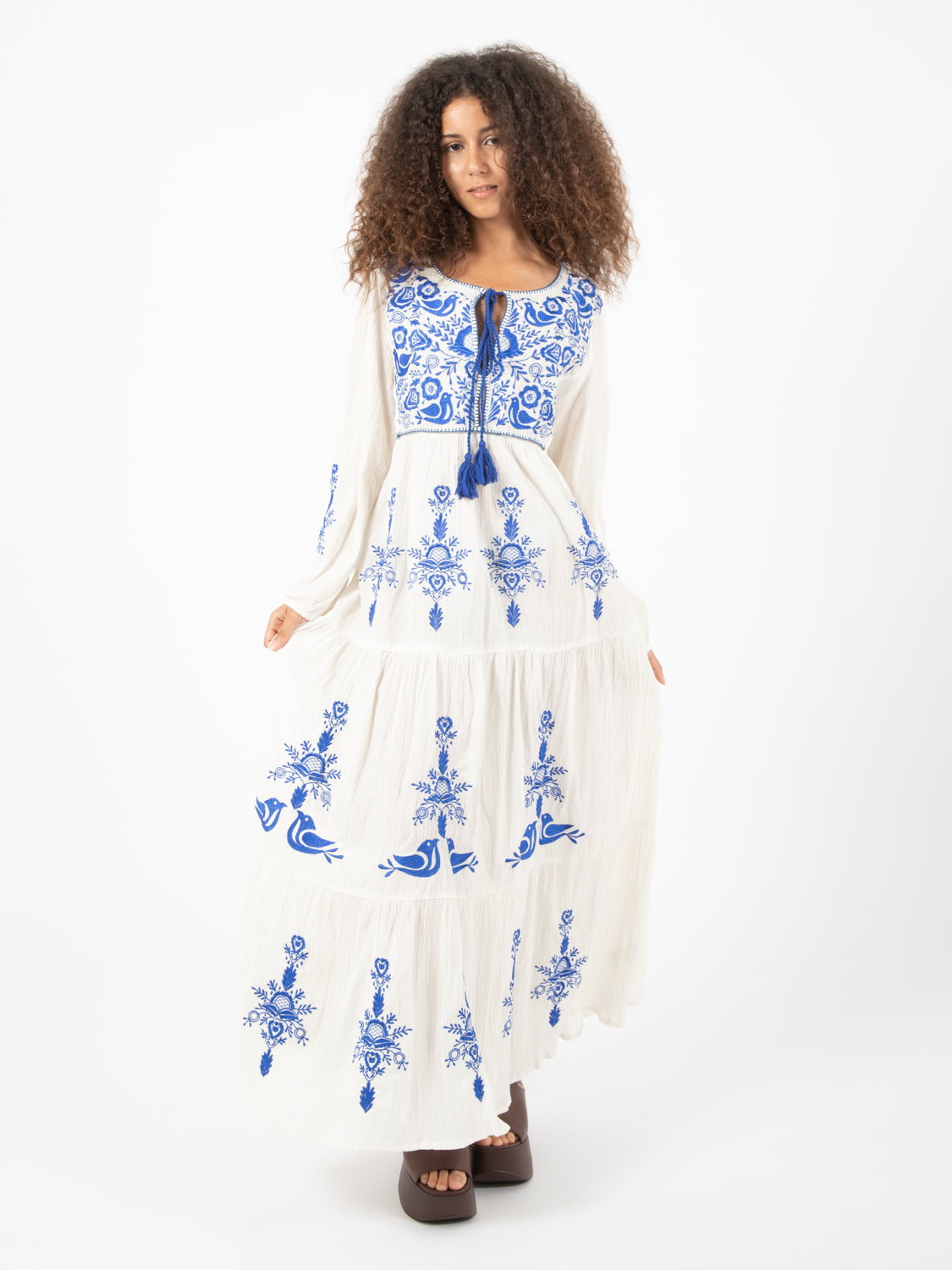 White / Royal Embroidered Long Dress