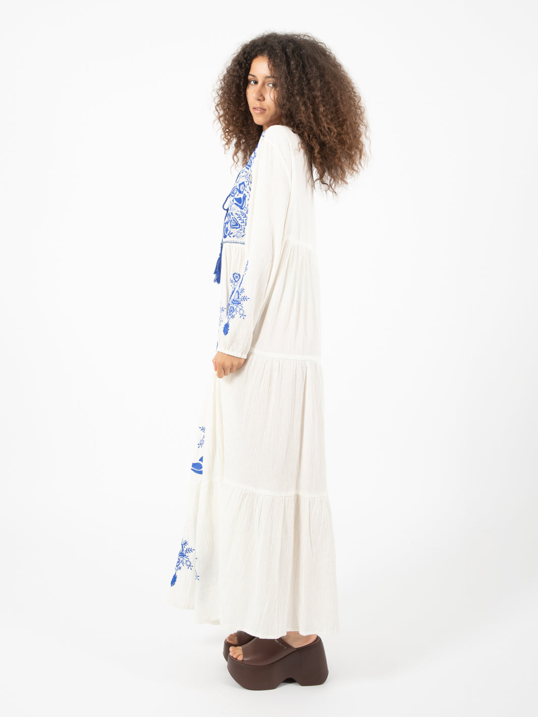 White / Royal Embroidered Long Dress