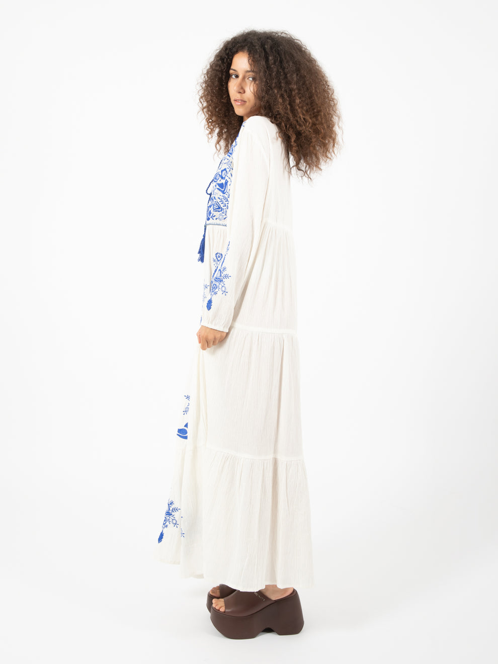 White / Royal Embroidered Long Dress