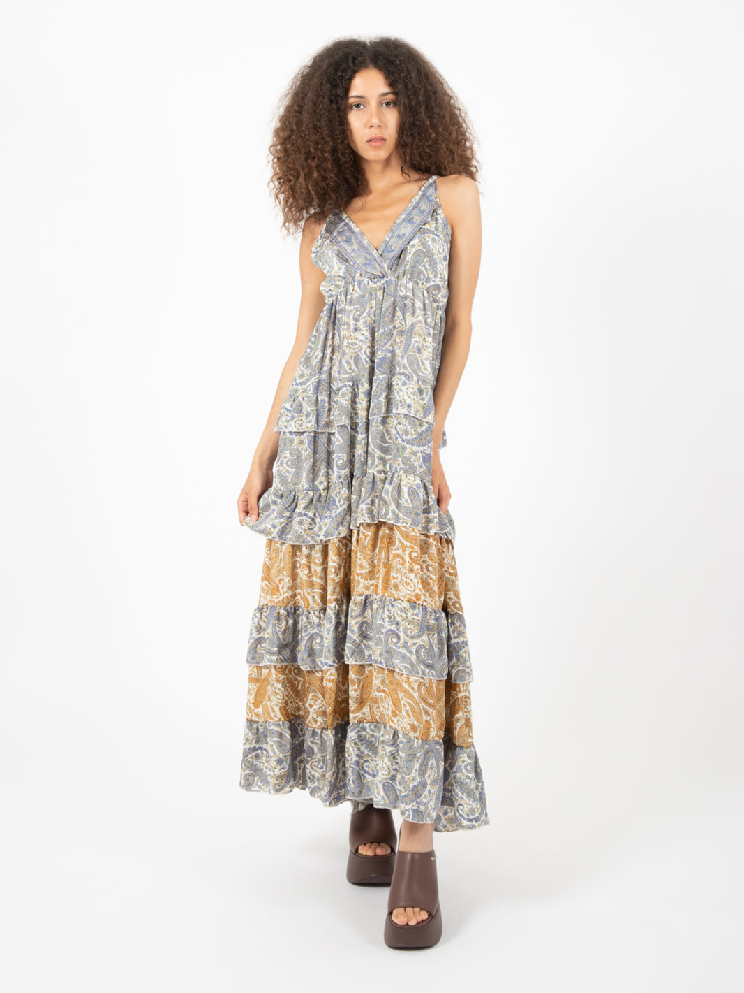 Long silk dress with paisley print ruffles
