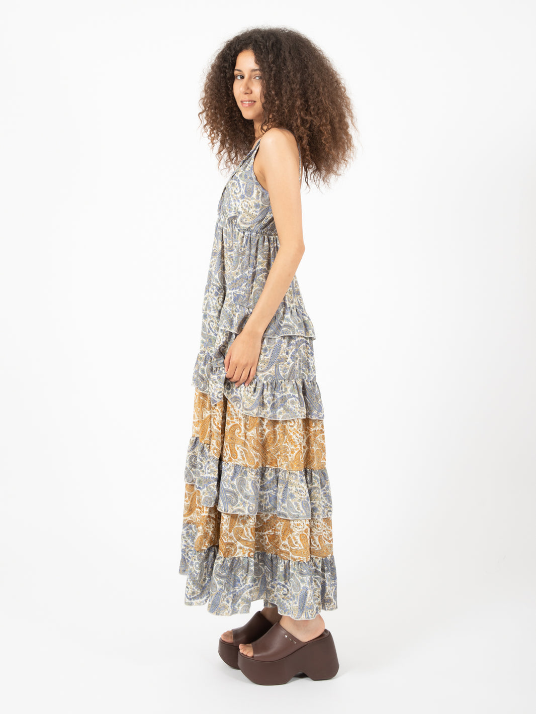 Long silk dress with paisley print ruffles
