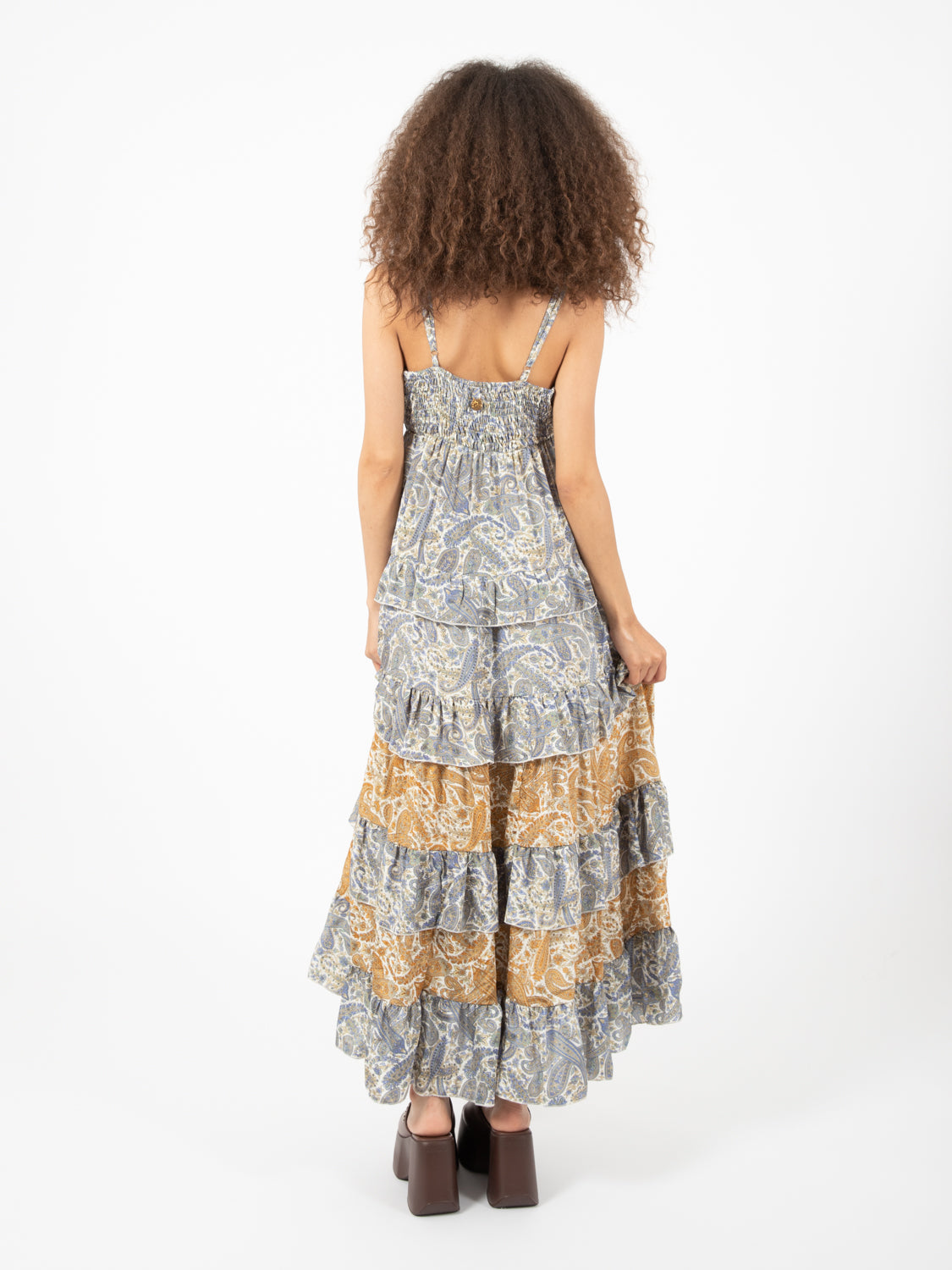 Long silk dress with paisley print ruffles