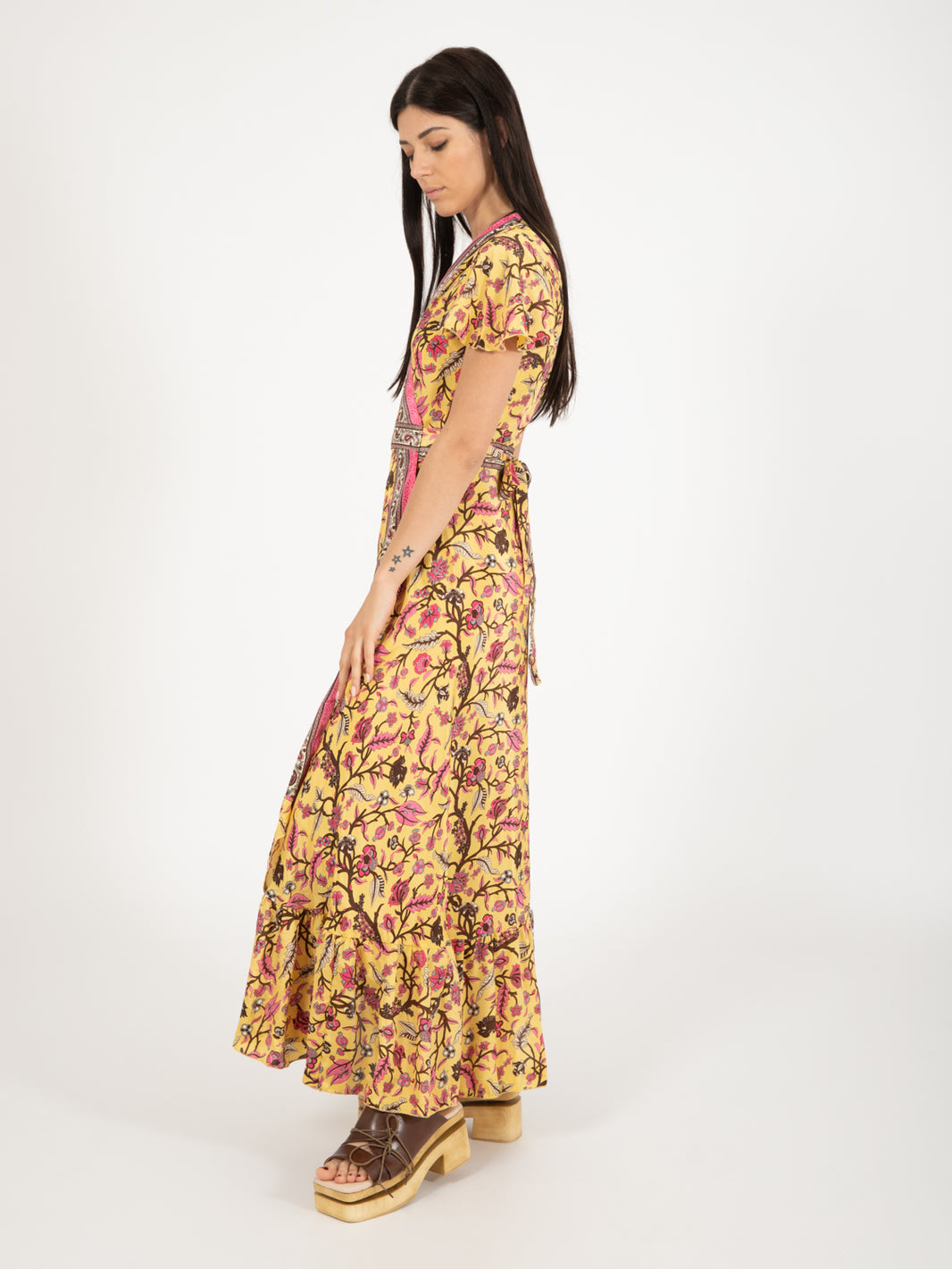 Abito lungo seta fantasia botanica oro / multicolor
