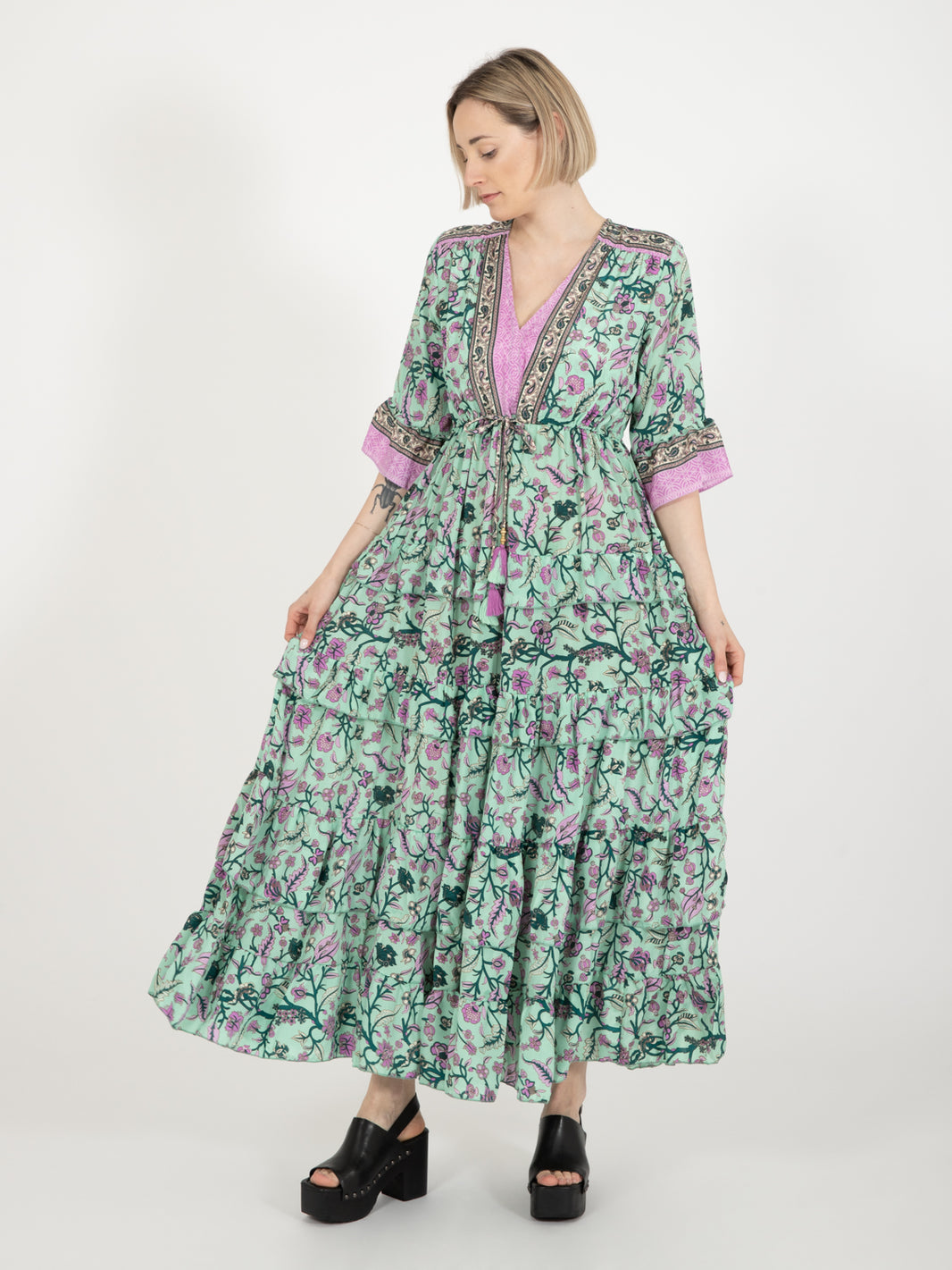 Long silk dress with green/pink floral pattern