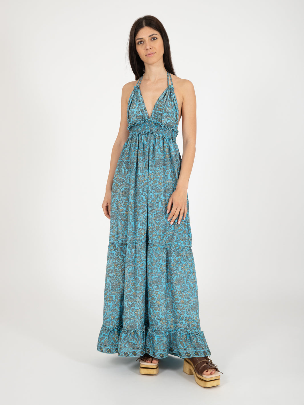 Long dress silk botanical print blue
