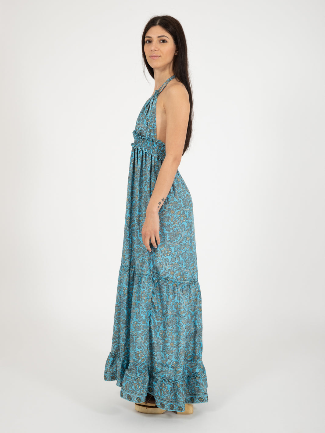 Long dress silk botanical print blue