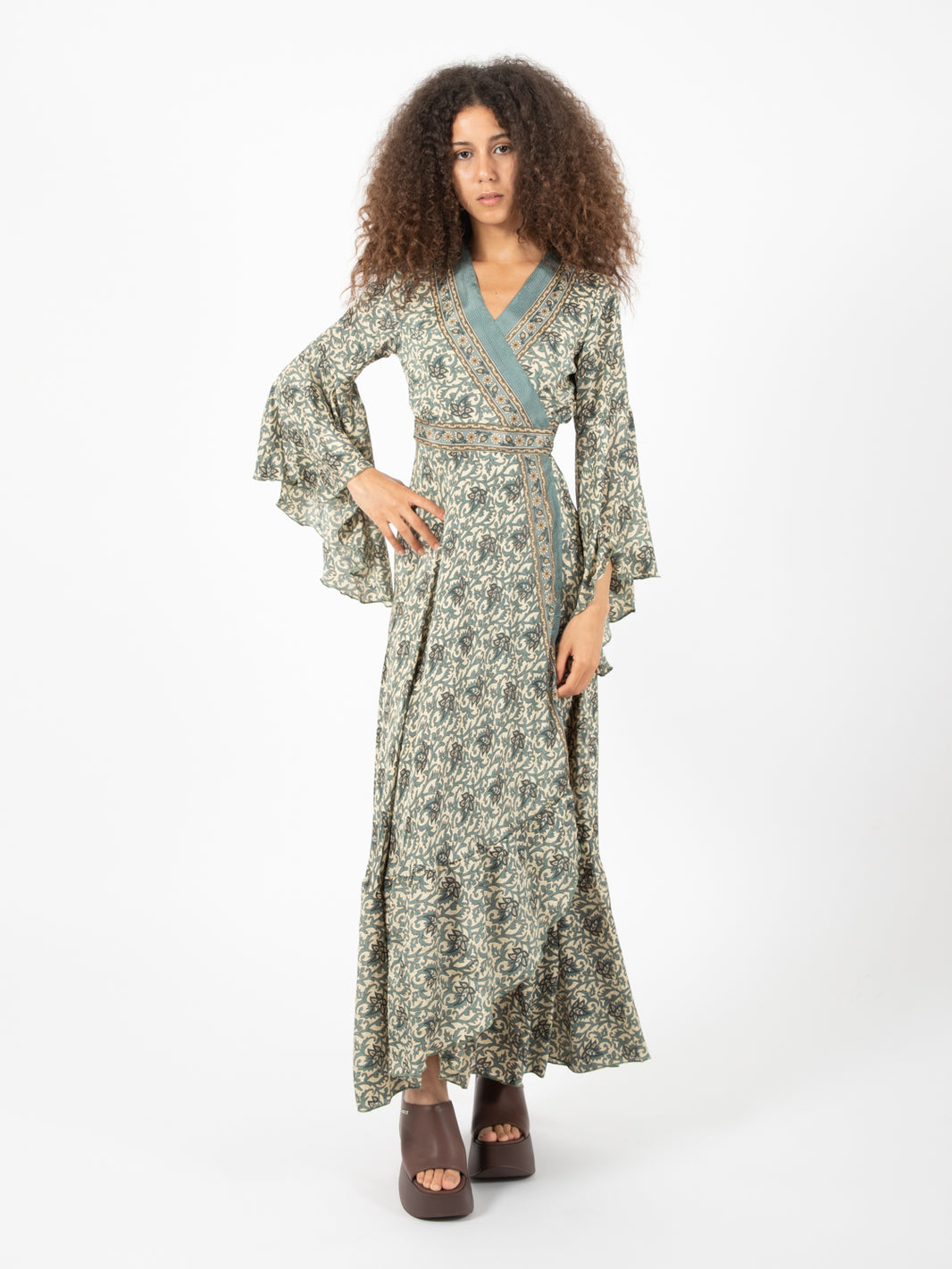 Long dress silk botanical print green