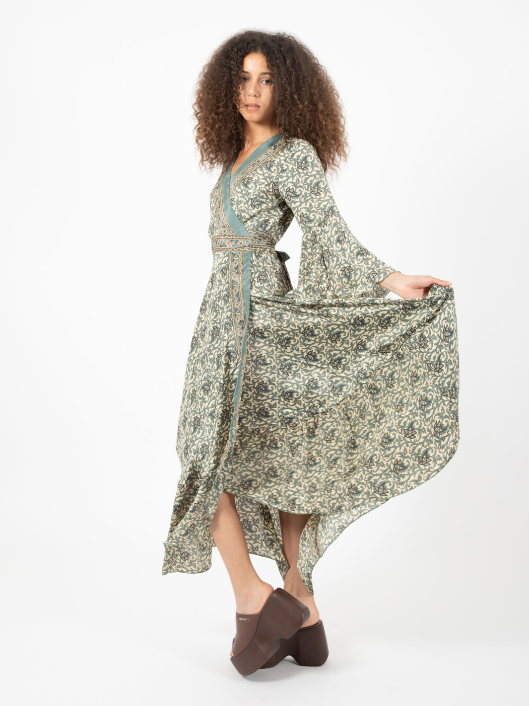 Long dress silk botanical print green