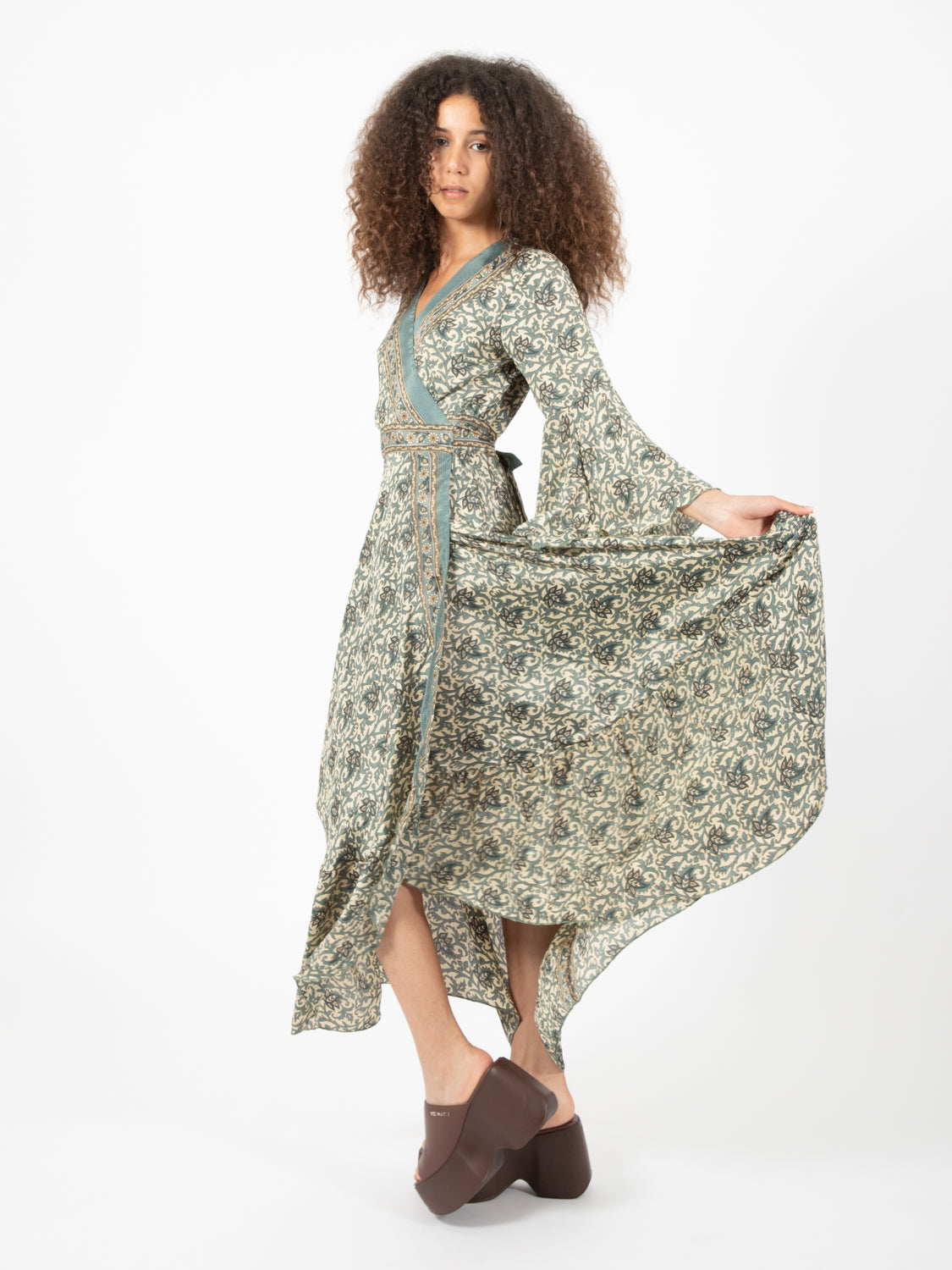 Long dress silk botanical print green
