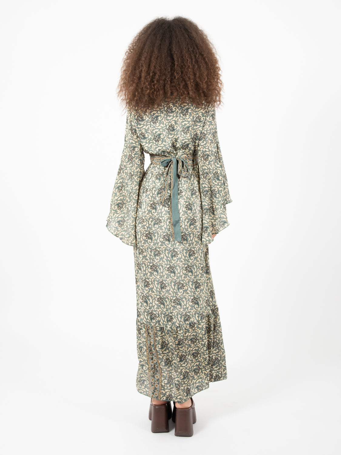 Long dress silk botanical print green