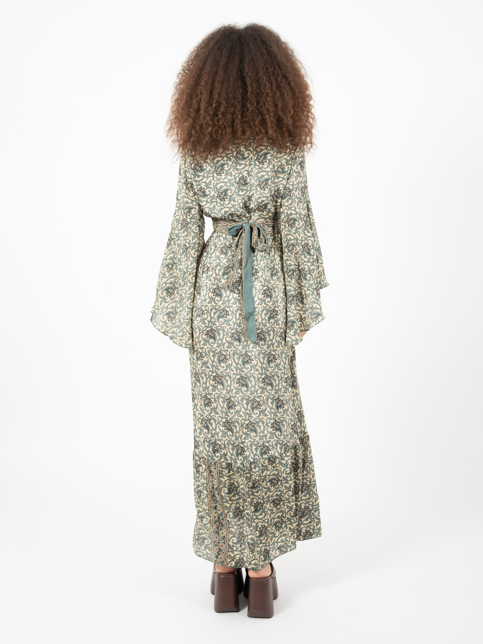 Long dress silk botanical print green