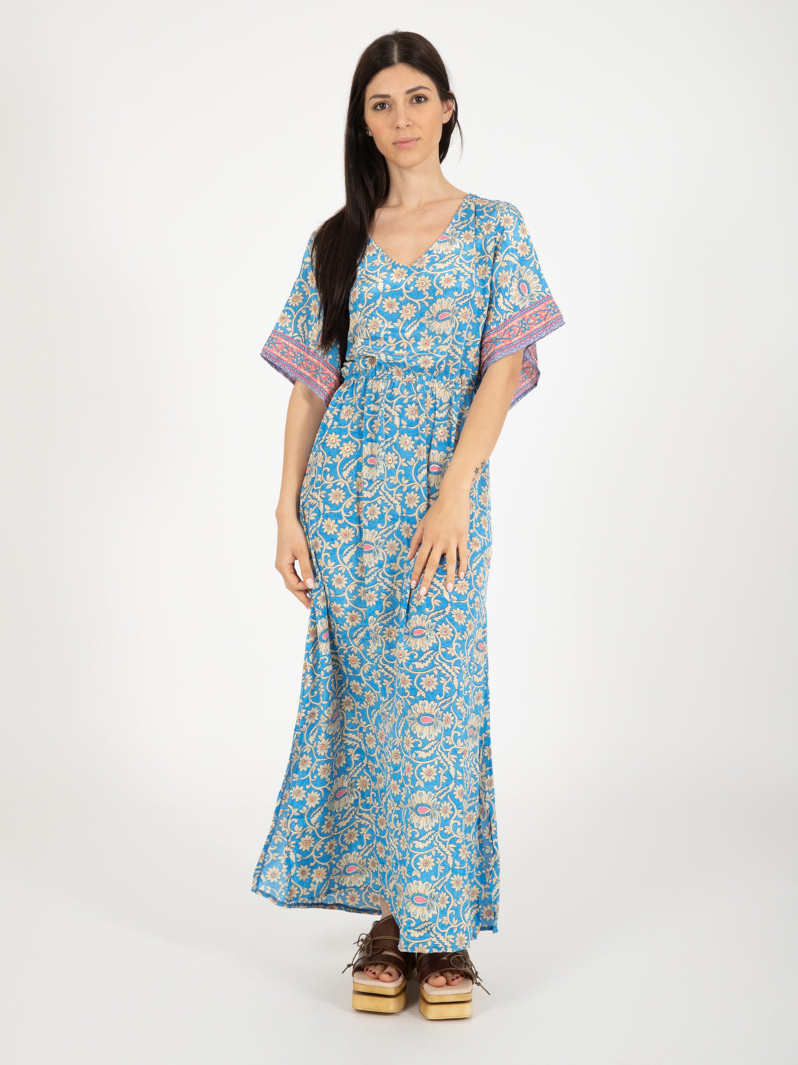 Blue/gold floral print silk long dress