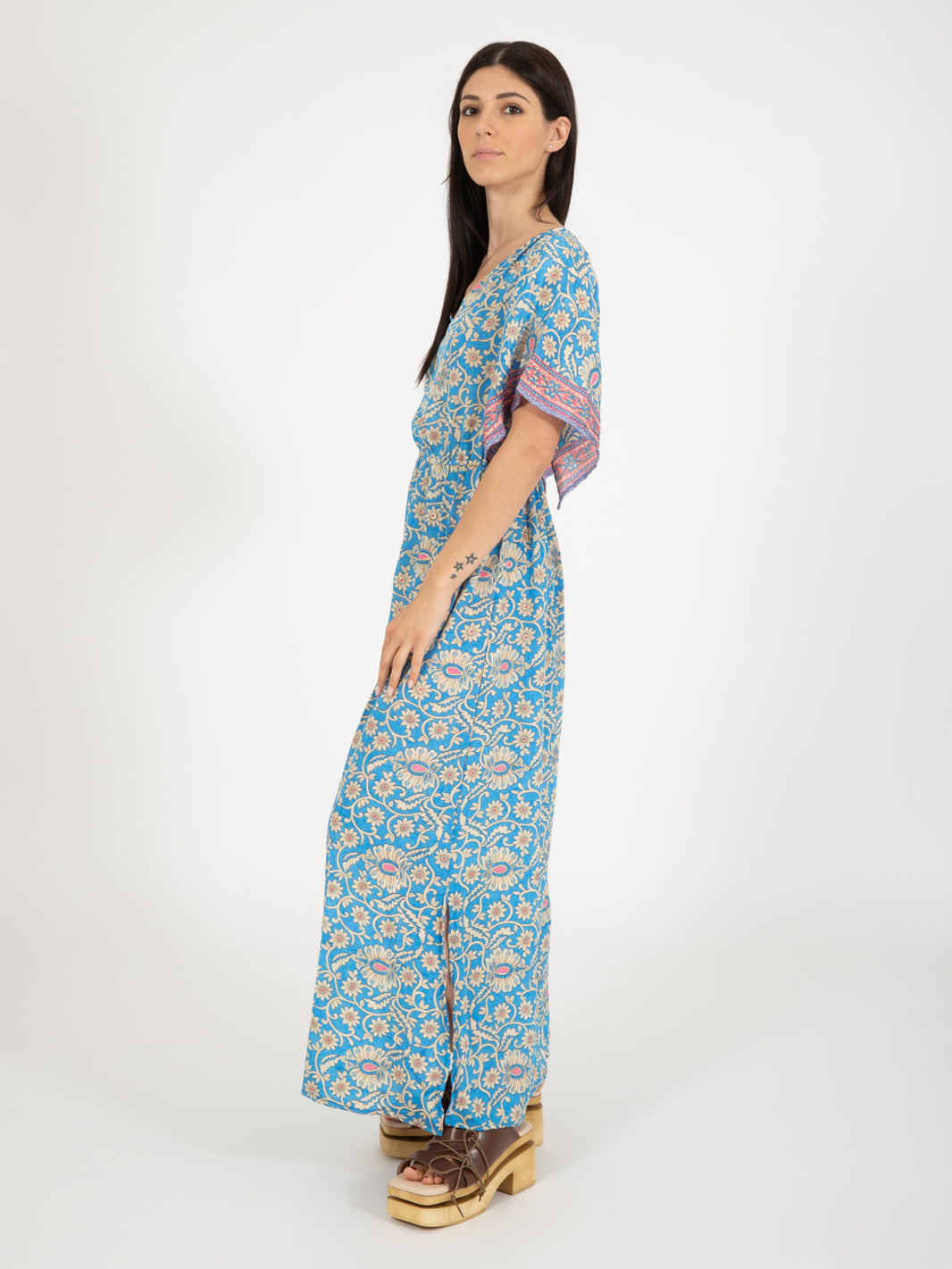 Blue/gold floral print silk long dress