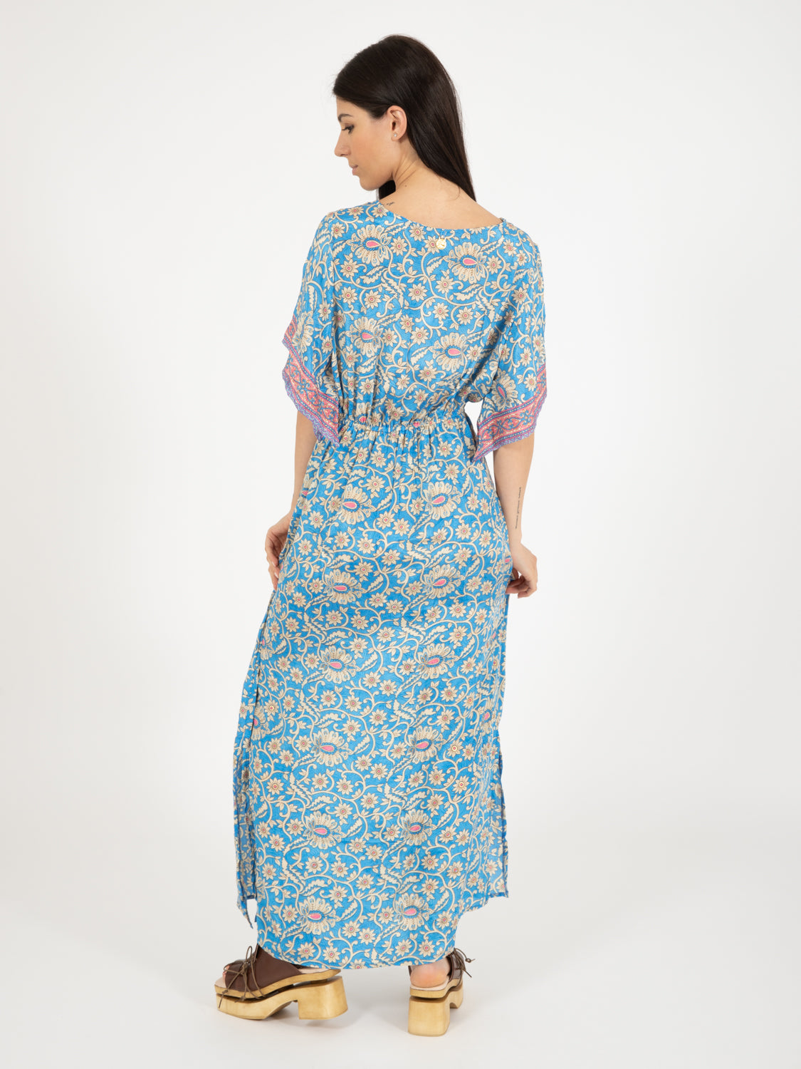Blue/gold floral print silk long dress
