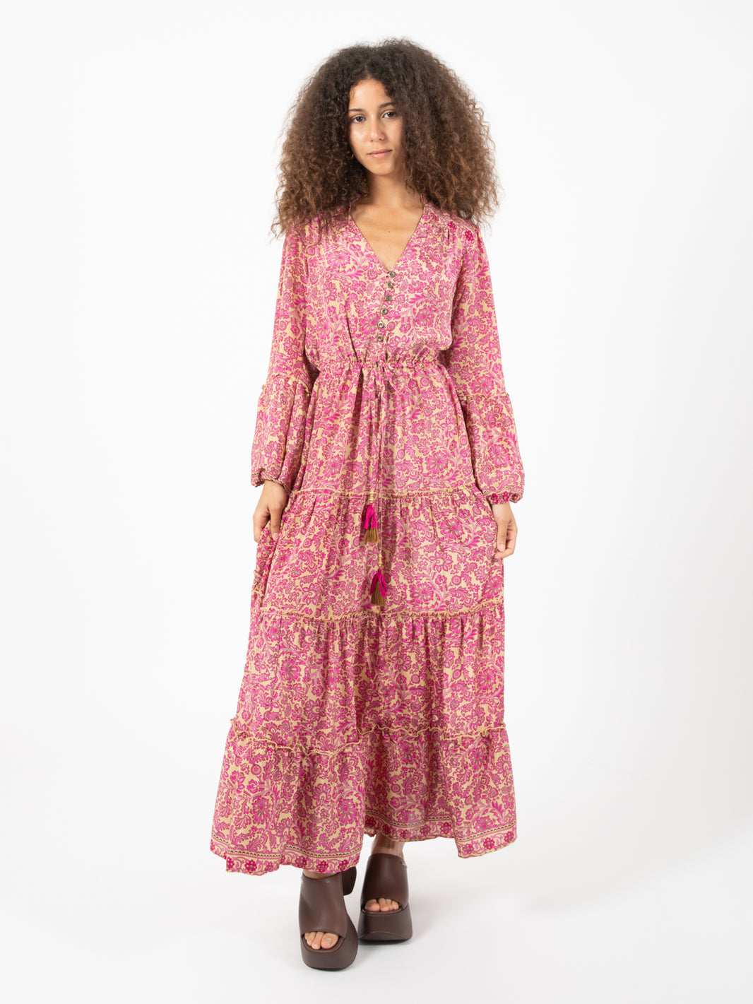 Long dress silk floral print fuchsia / gold