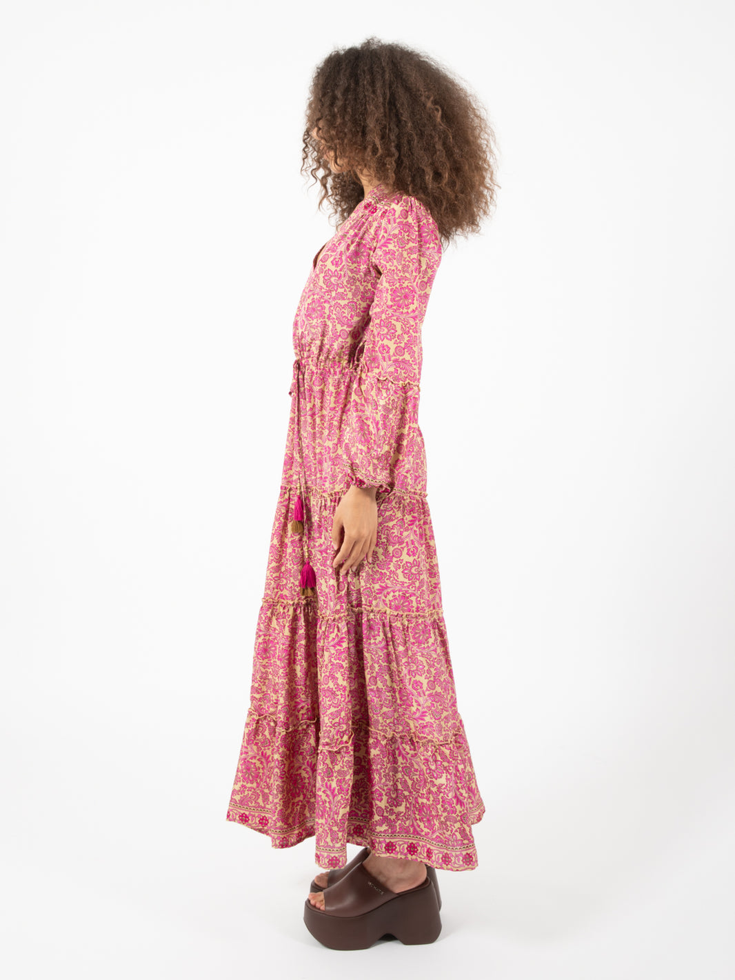 Long dress silk floral print fuchsia / gold