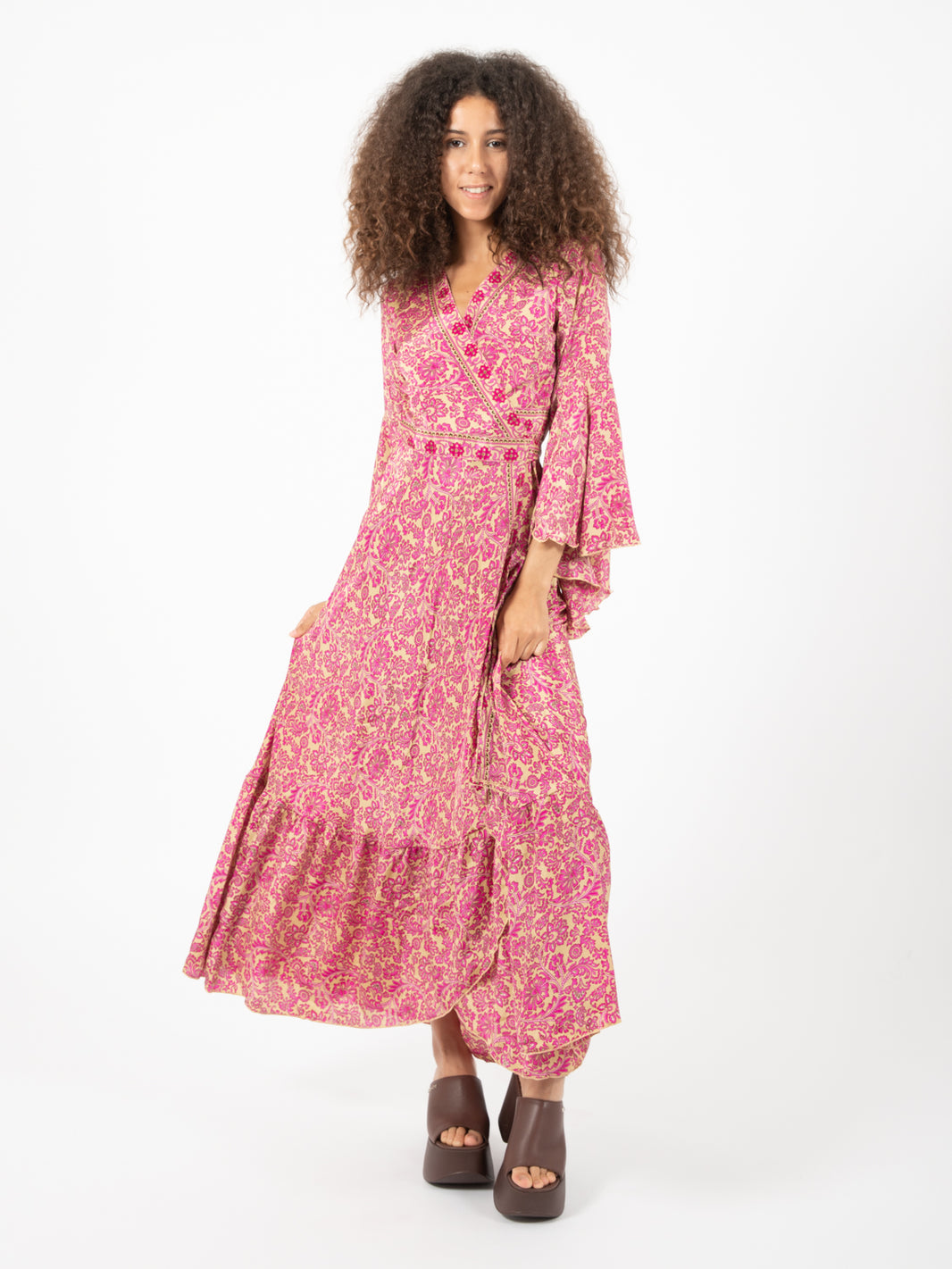 Long dress silk floral print fuchsia