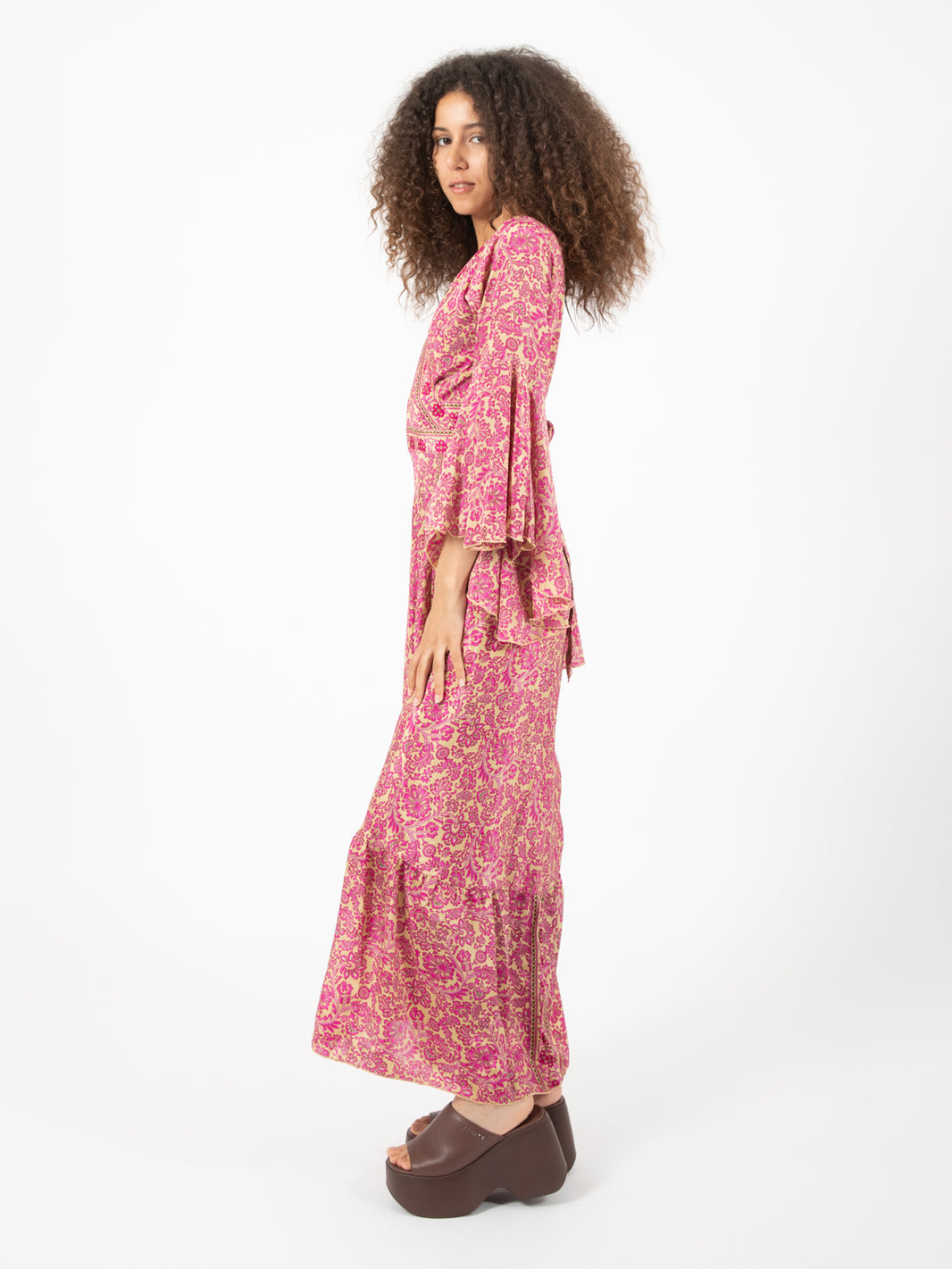 Long dress silk floral print fuchsia