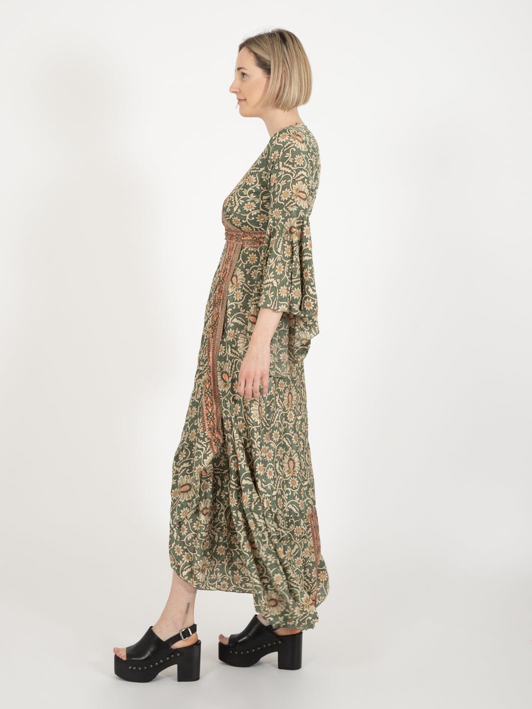Long silk dress with green floral print