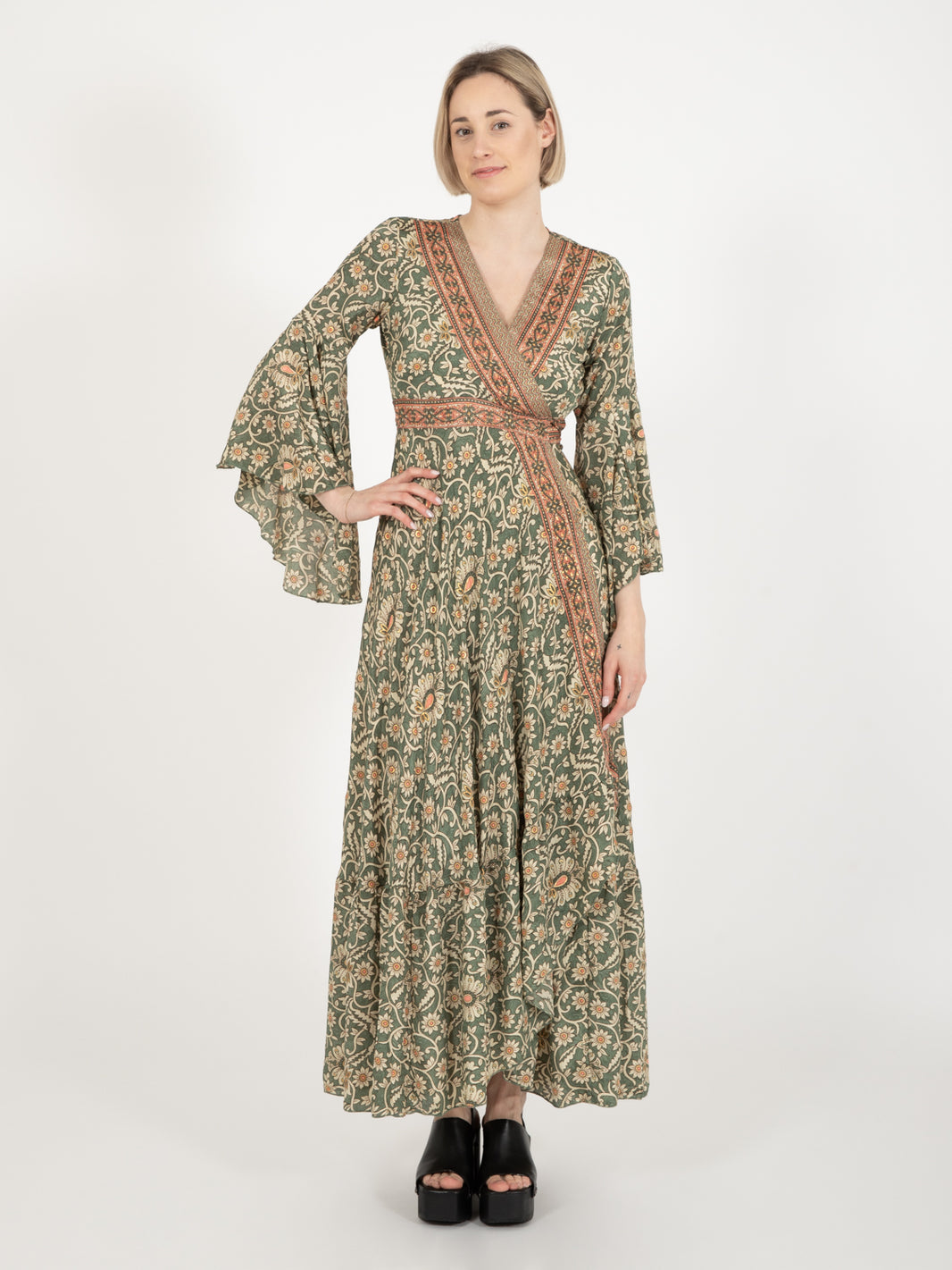Long silk dress with green floral print