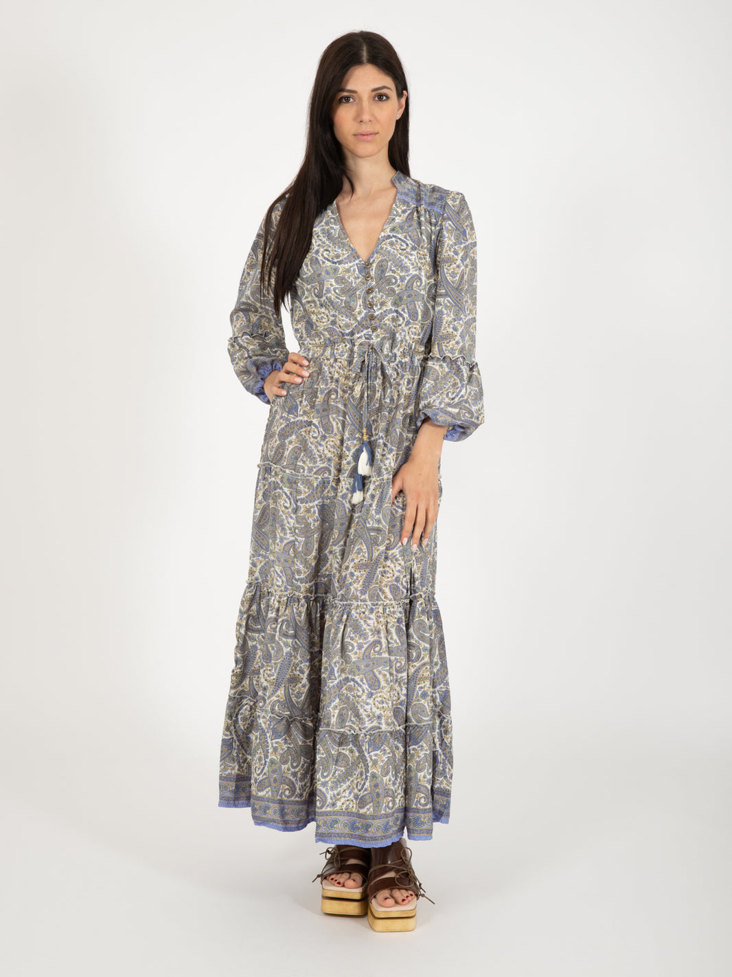 Long silk dress with multicolor paisley print