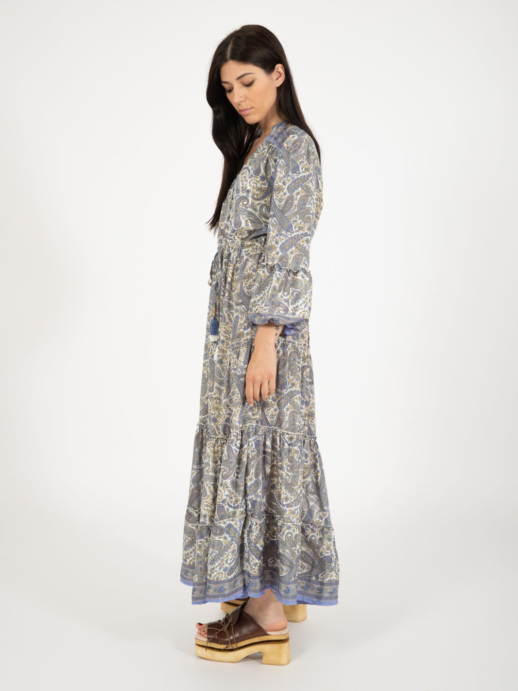 Long silk dress with multicolor paisley print