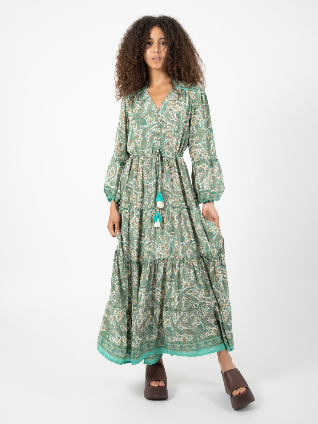 Long silk dress with green paisley print