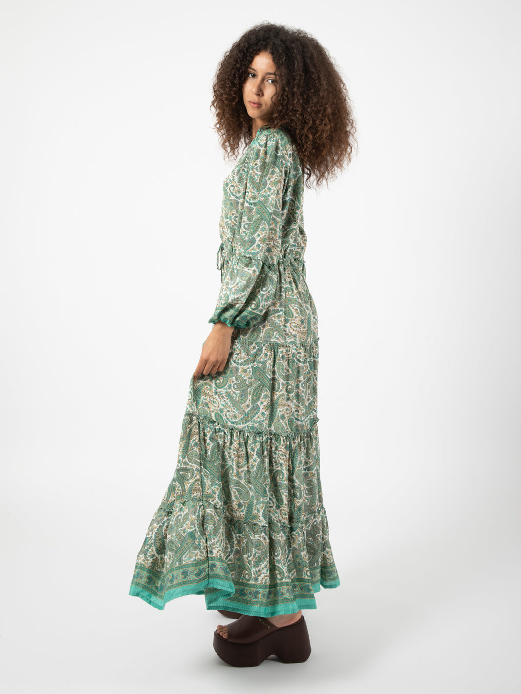 Long silk dress with green paisley print