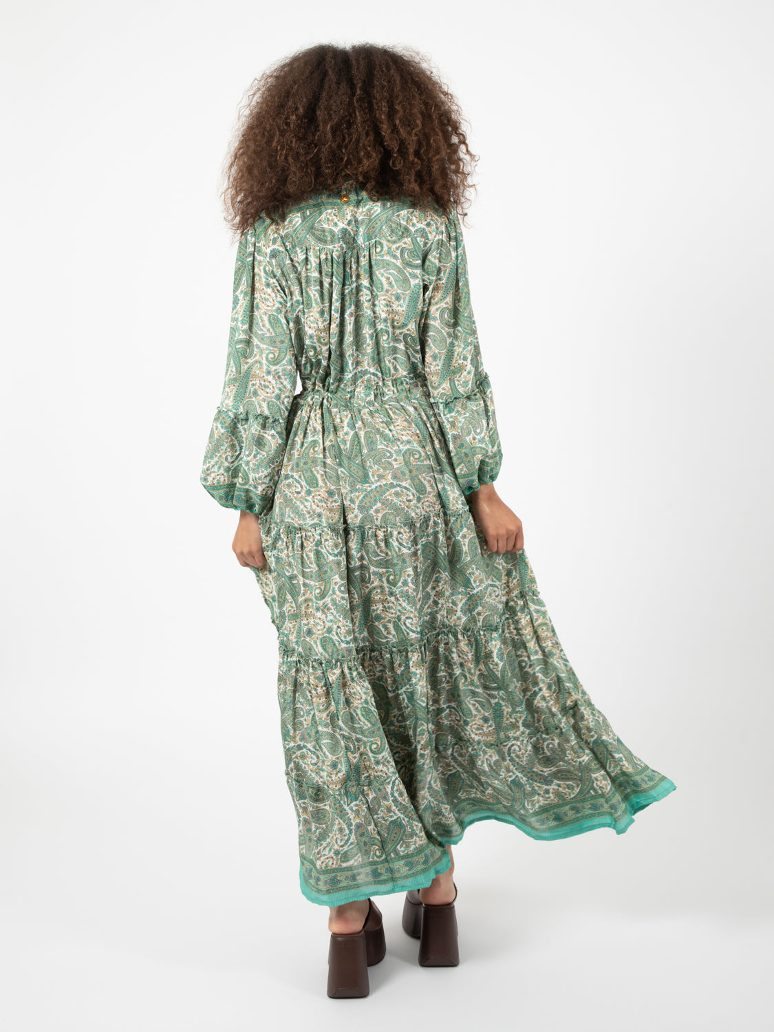 Long silk dress with green paisley print