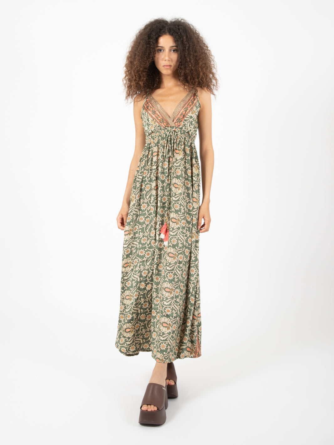 Long green floral print dress